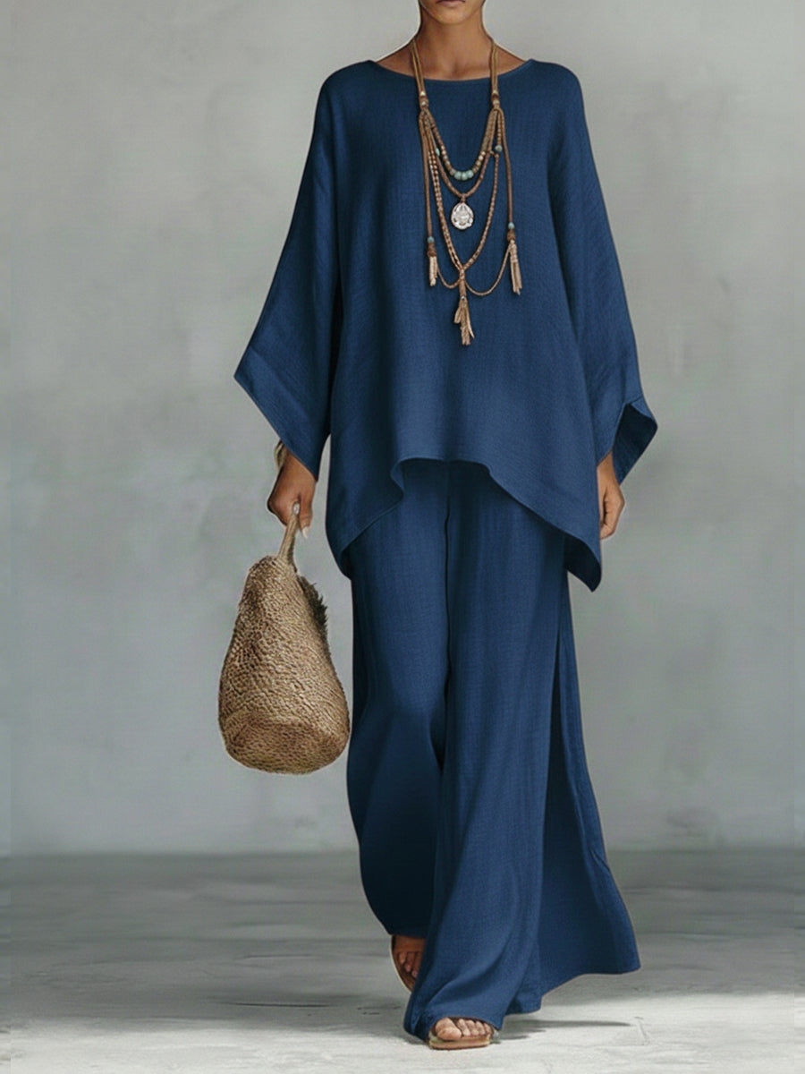 Dames Wijde Mouwen en Broek Set - Elegant - Marineblauw