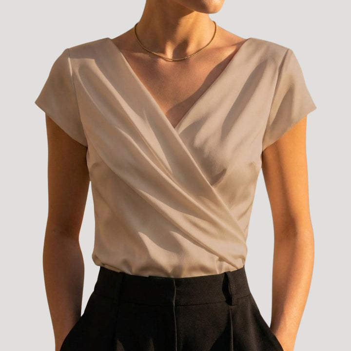 Dames Wikkelblouse met Drapering in khaki, Elegante V-hals