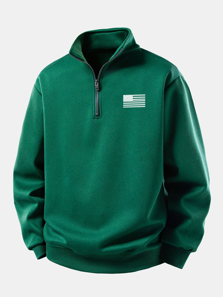Heren Amerikaans Vlag Print Sweatshirt met Ritssluiting in donkergroen, Casual