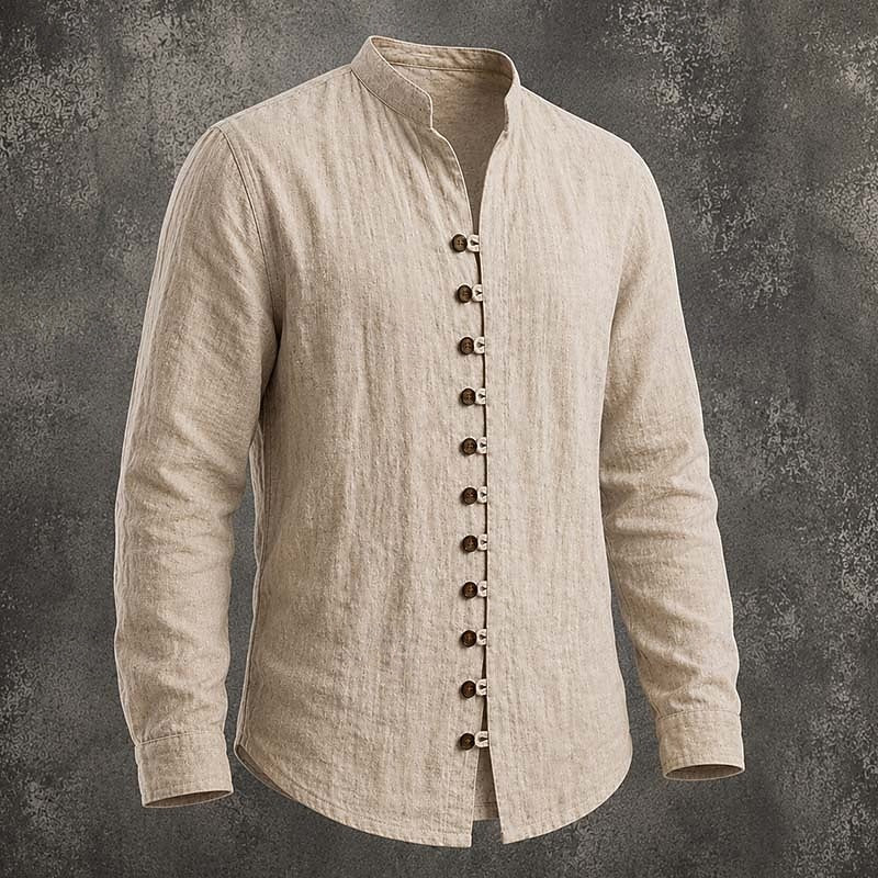 Heren Bandkraag Casual Overhemd in khaki, Klassieke Elegantie