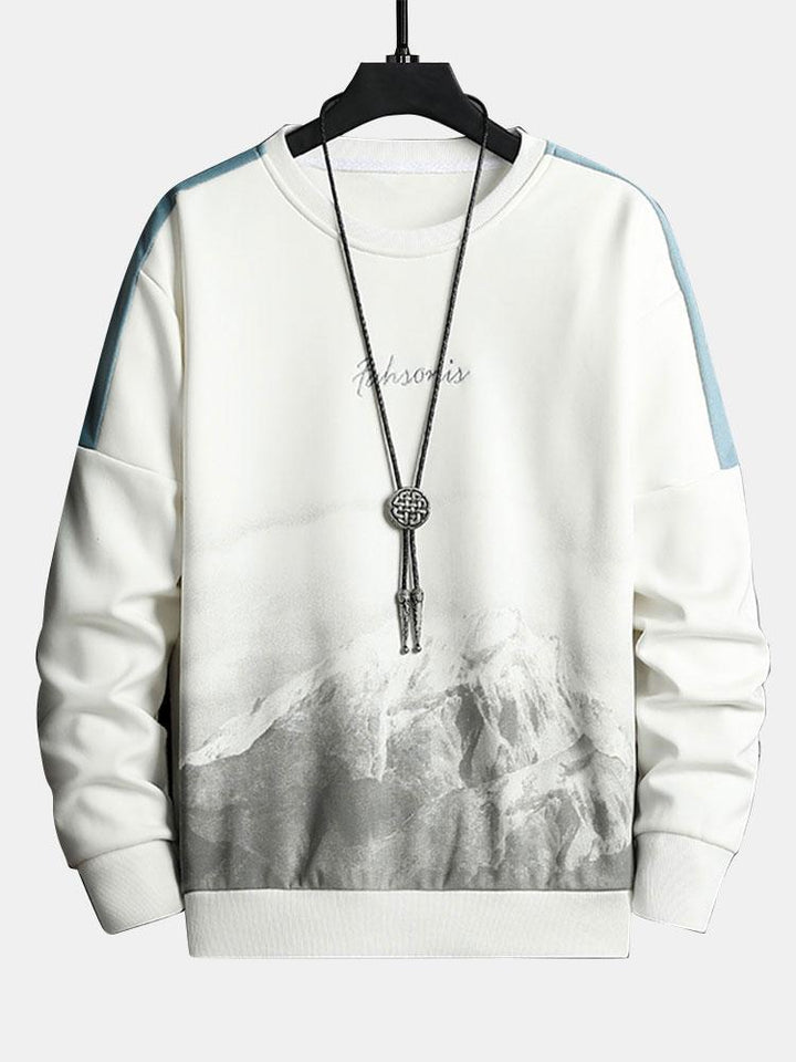 Heren Bergprint Crew Neck Sweatshirt in wit, Relaxed Fit Streetwear