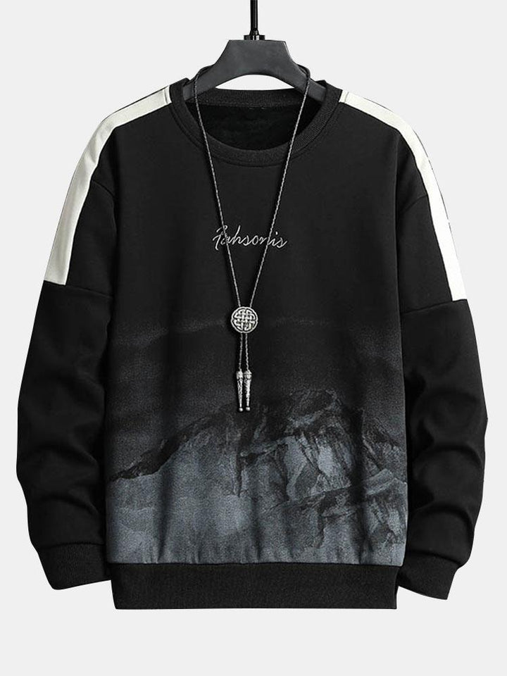 Heren Bergprint Crew Neck Sweatshirt in zwart, Relaxed Fit Streetwear