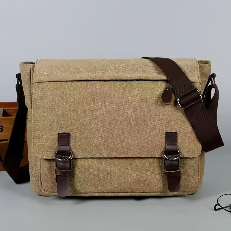 Heren Canvas Schoudertas - Vintage Stijl met Meerdere Vakken - Khaki