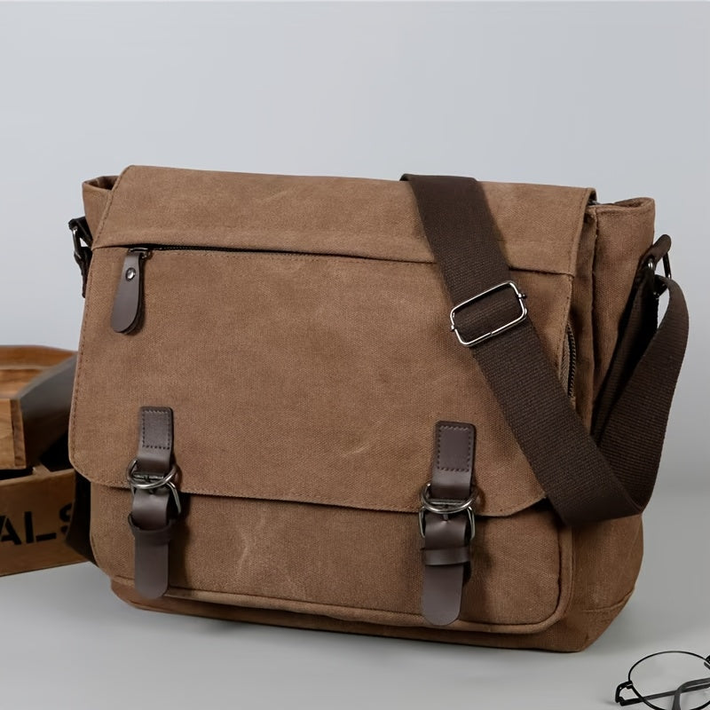 Heren Canvas Schoudertas - Vintage Stijl met Meerdere Vakken - Koffie