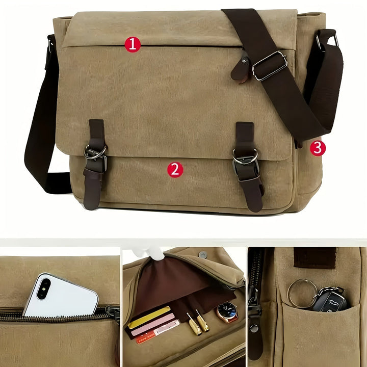 Heren Canvas Schoudertas - Vintage Stijl met Meerdere Vakken