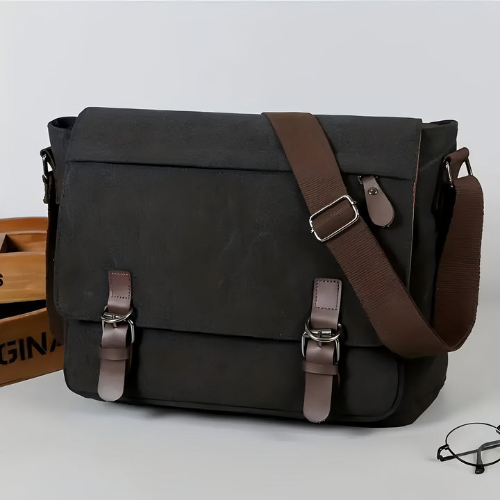 Heren Canvas Schoudertas - Vintage Stijl met Meerdere Vakken - Zwart