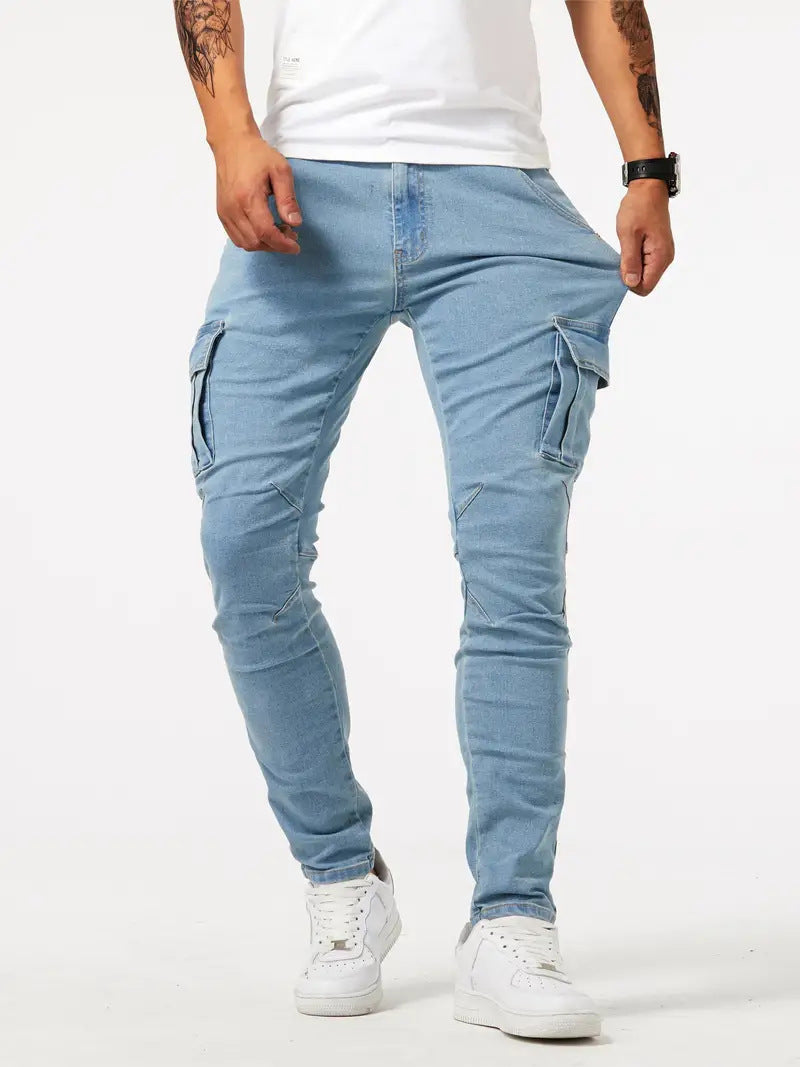 Heren Cargo Jeans Slim Fit - Stretch Denim met Meerdere Zakken - Blauw