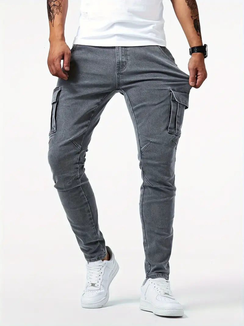 Heren Cargo Jeans Slim Fit - Stretch Denim met Meerdere Zakken - Grijs