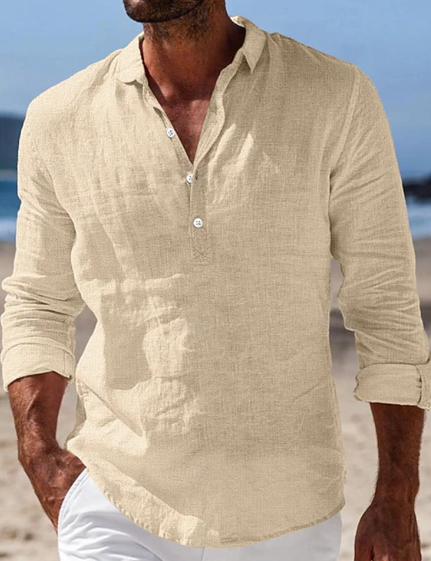 Heren Casual Overhemd Lange Mouwen - Zomerstijl - Beige