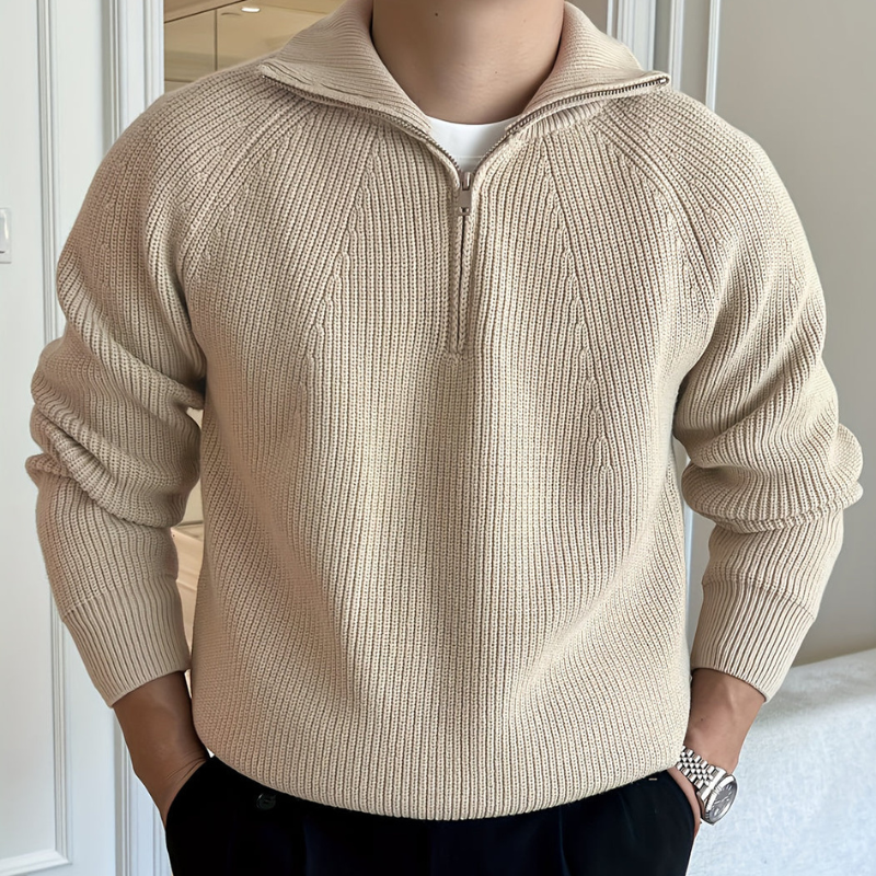 Heren Chunky Knit Half Zip Trui - Klassiek Design - Khaki