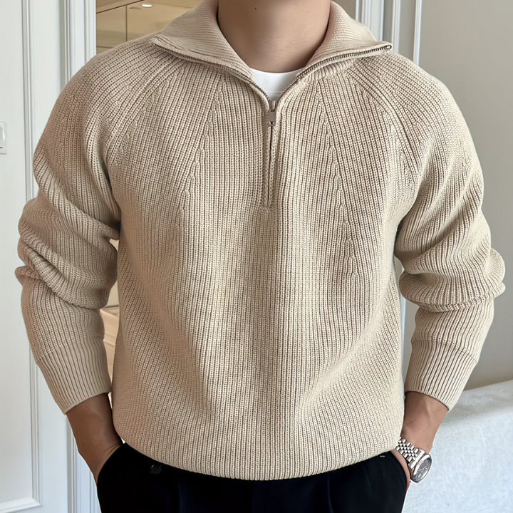 Heren Chunky Knit Half Zip Trui - Klassiek Design - Khaki