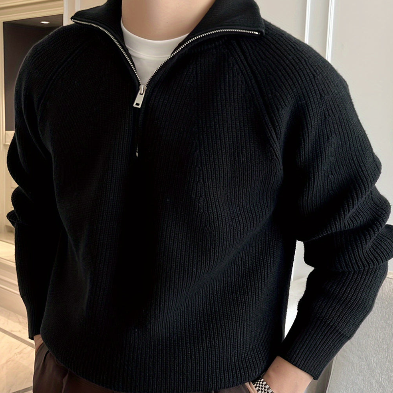 Heren Chunky Knit Half Zip Trui - Klassiek Design - Zwart