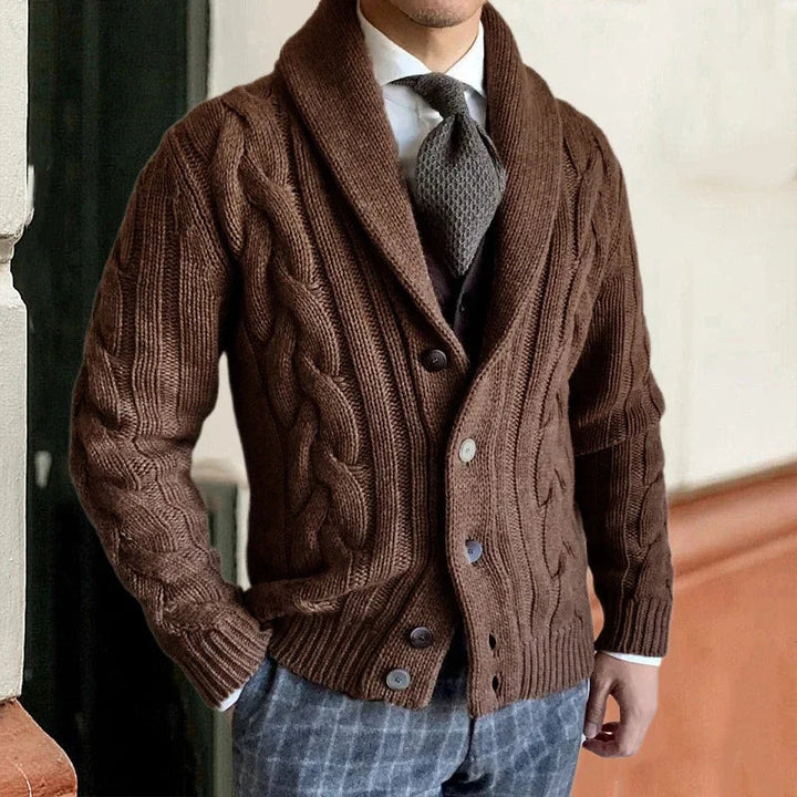 Heren Chunky Knit Vest met Kabelpatroon - Sjaalkraag - Bruin