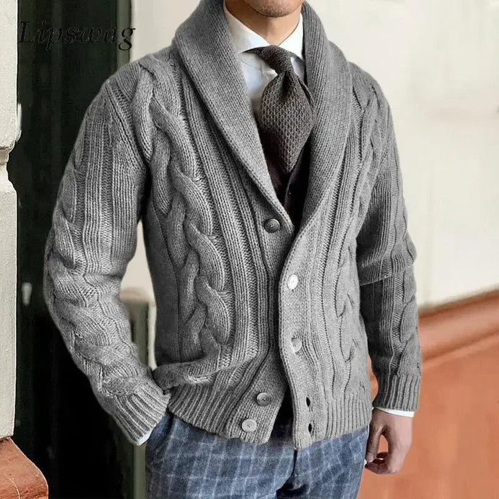 Heren Chunky Knit Vest met Kabelpatroon - Sjaalkraag - Grijs