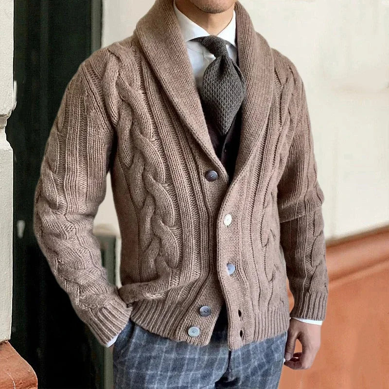 Heren Chunky Knit Vest met Kabelpatroon - Sjaalkraag - Khaki