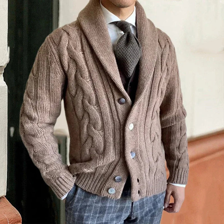 Heren Chunky Knit Vest met Kabelpatroon - Sjaalkraag - Khaki