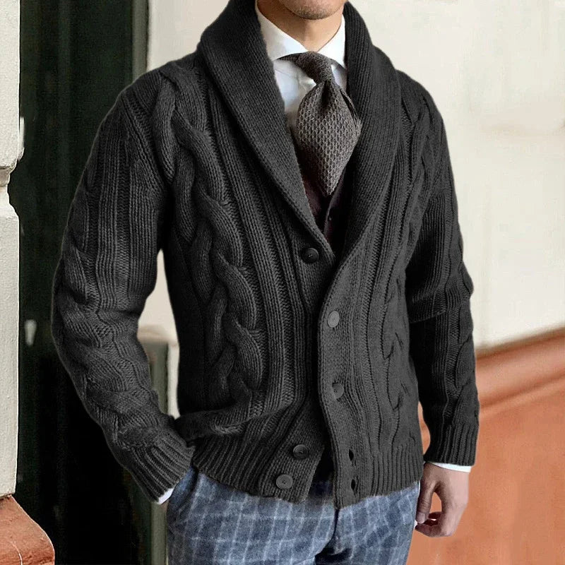 Heren Chunky Knit Vest met Kabelpatroon - Sjaalkraag - Zwart