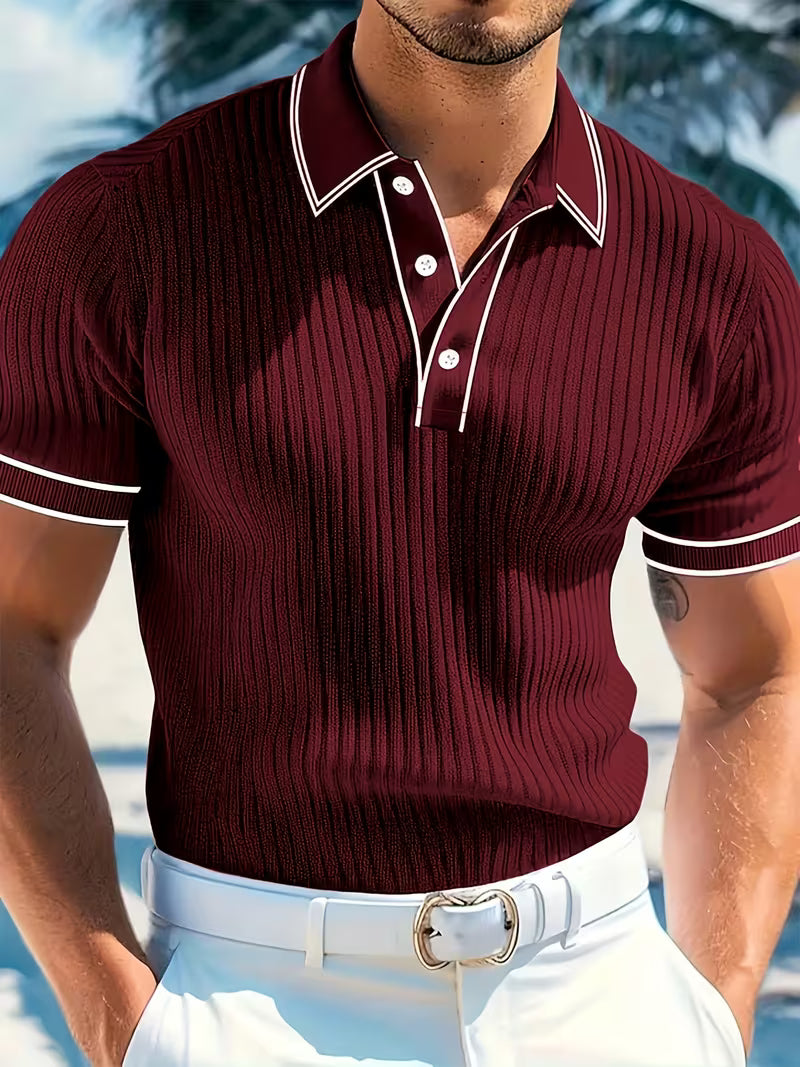 Heren Colorblock Poloshirt Korte Mouwen - Marineblauw - Rood