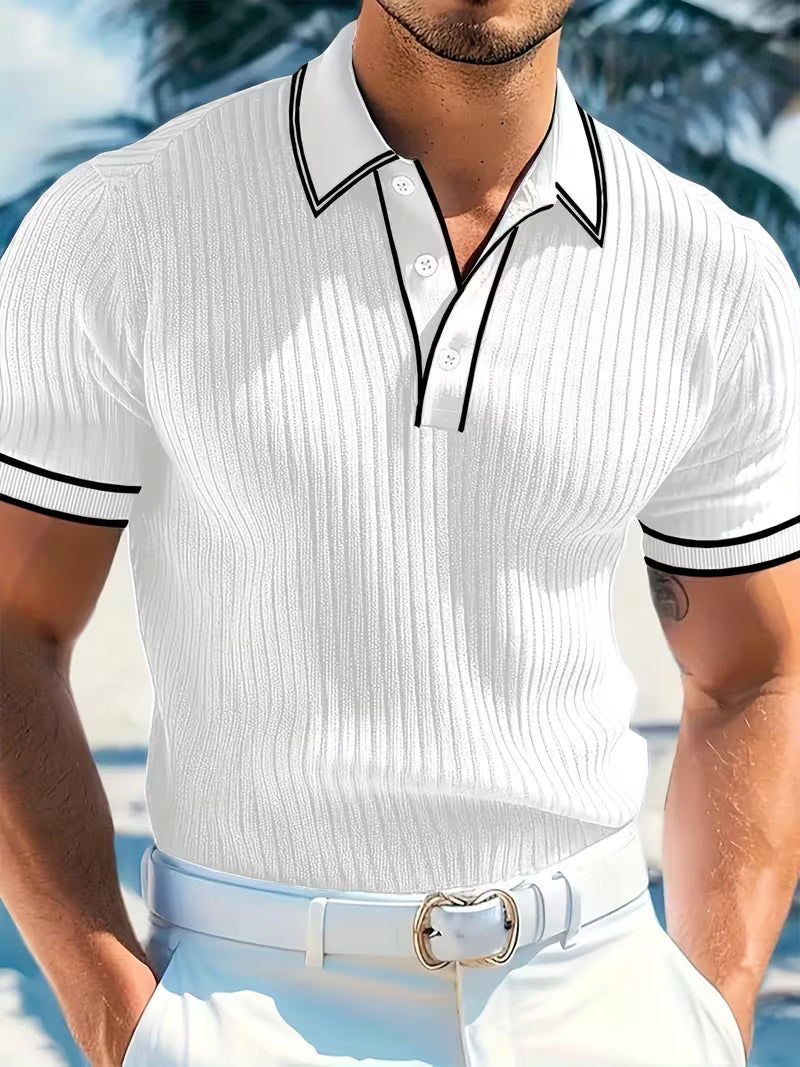 Heren Colorblock Poloshirt Korte Mouwen - Marineblauw - Wit