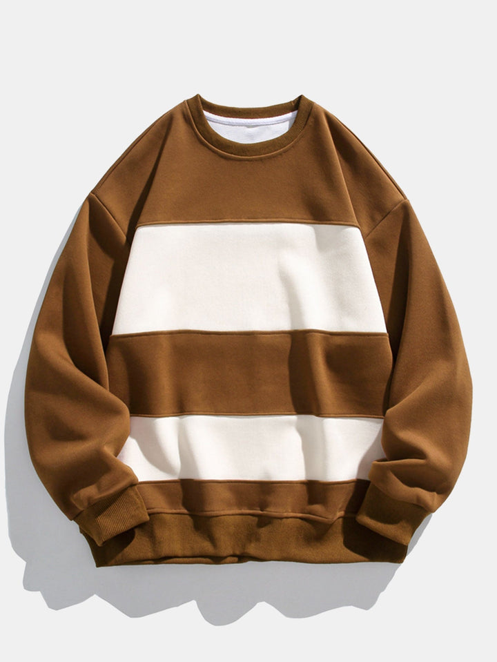 Heren Colorblock Sweatshirt in bruin, Relaxed Fit met Horizontale Strepen