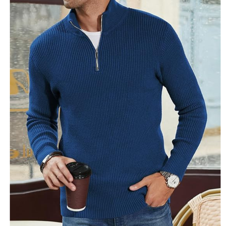 Heren Coltrui Half Zip Warme Gebreide Trui - Regular Fit - Blauw