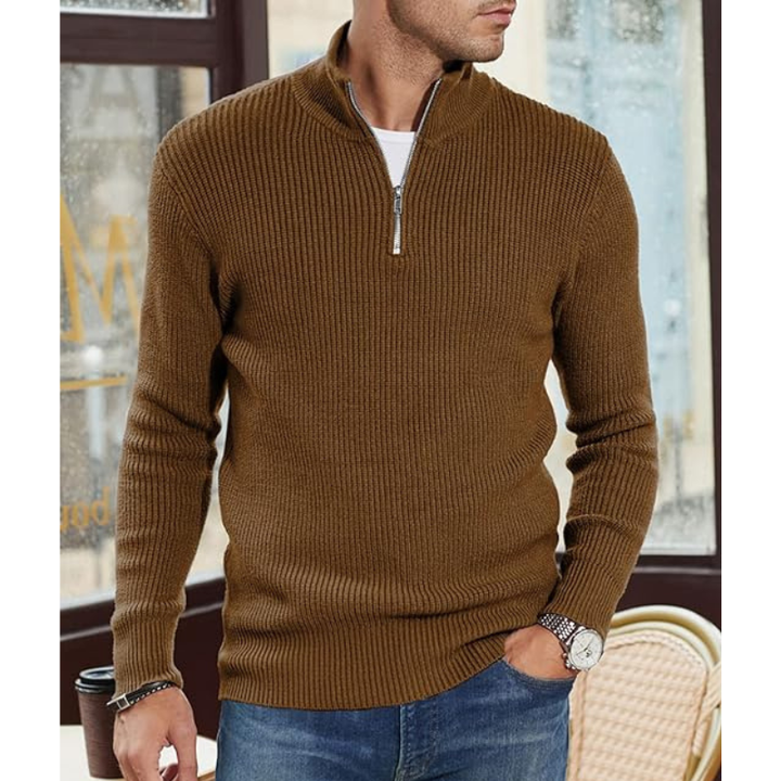 Heren Coltrui Half Zip Warme Gebreide Trui - Regular Fit - Bruin