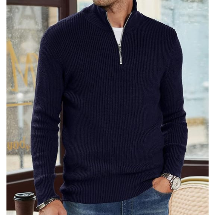 Heren Coltrui Half Zip Warme Gebreide Trui - Regular Fit - Donkerblauw