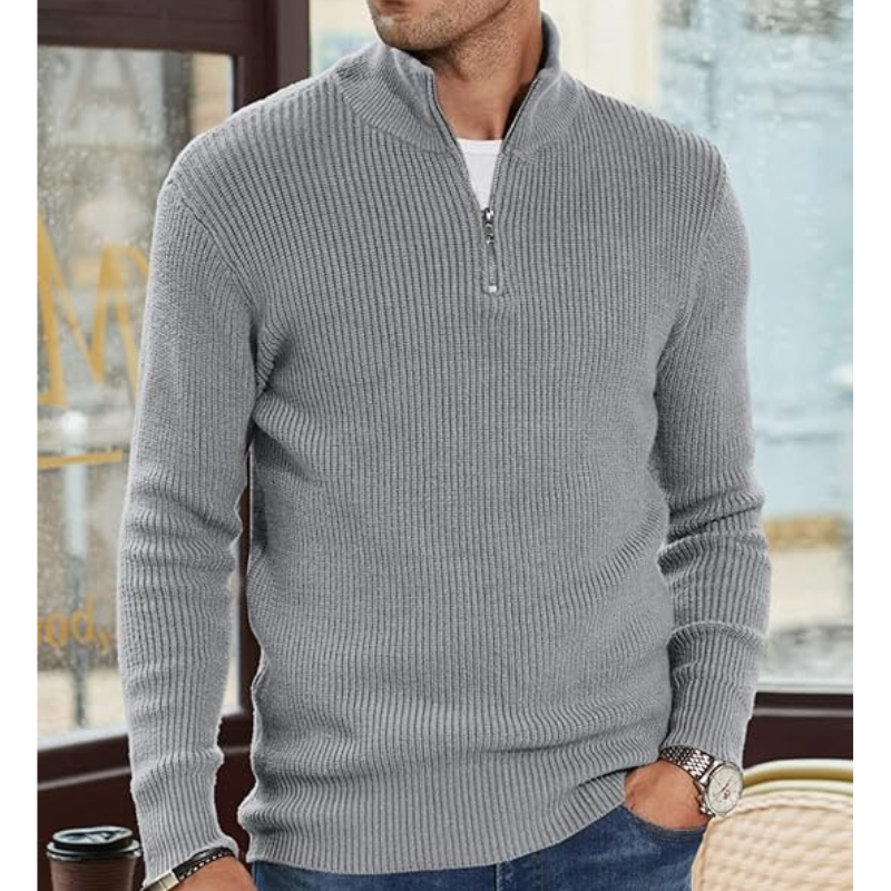 Heren Coltrui Half Zip Warme Gebreide Trui - Regular Fit - Grijs