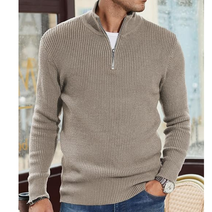 Heren Coltrui Half Zip Warme Gebreide Trui - Regular Fit - Khaki