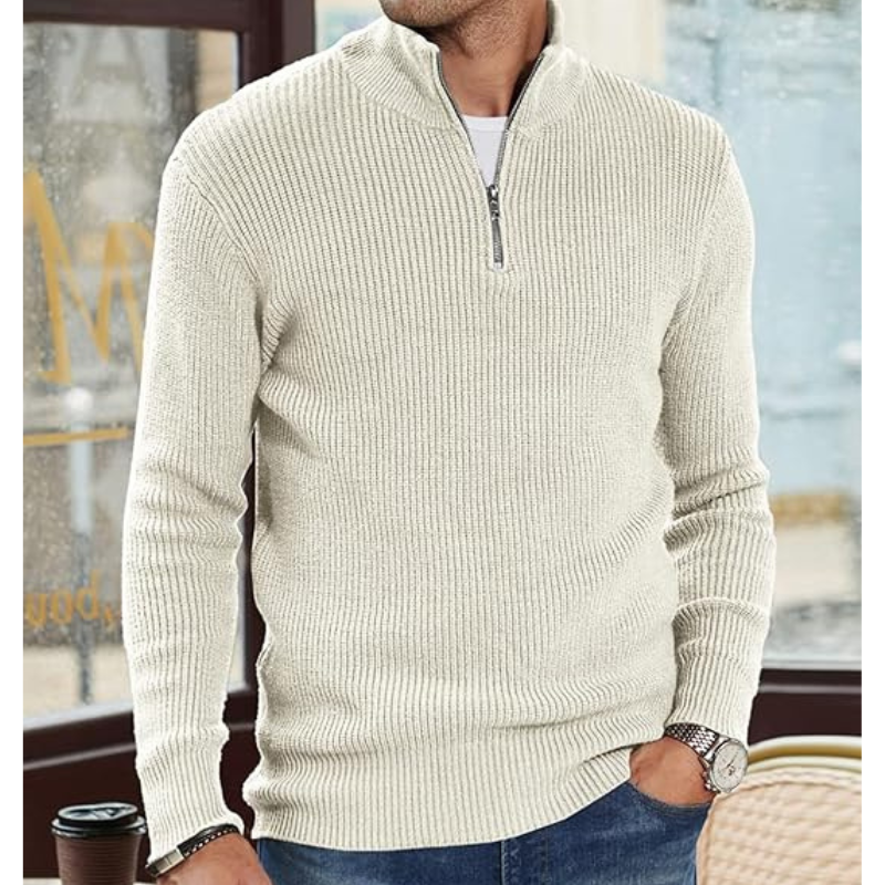 Heren Coltrui Half Zip Warme Gebreide Trui - Regular Fit - Wit