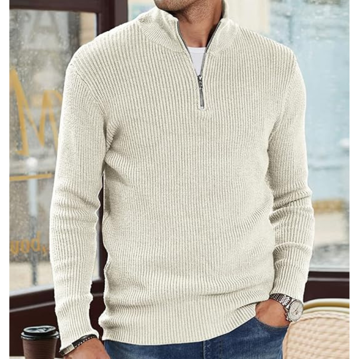 Heren Coltrui Half Zip Warme Gebreide Trui - Regular Fit - Wit