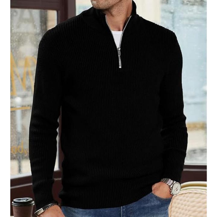 Heren Coltrui Half Zip Warme Gebreide Trui - Regular Fit - Zwart
