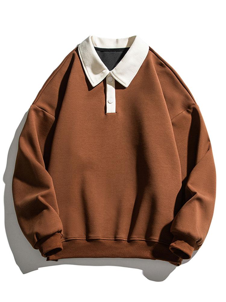 Heren Contrast Polokraag Sweatshirt in bruin, Relaxed Fit Katoen