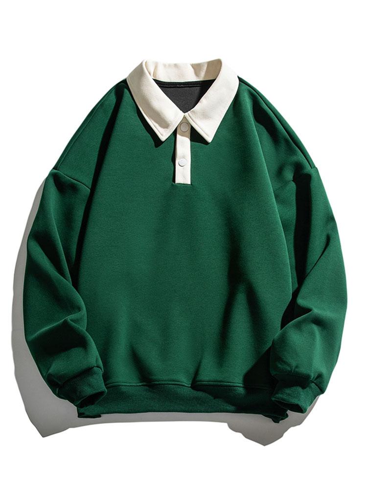 Heren Contrast Polokraag Sweatshirt in donkergroen, Relaxed Fit Katoen