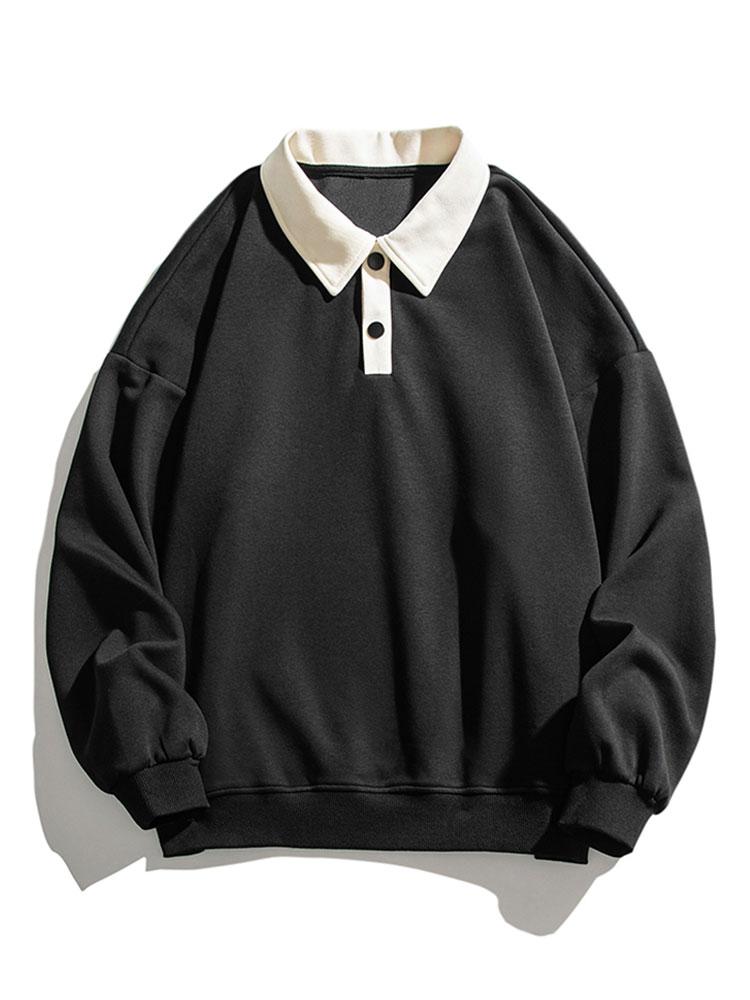 Heren Contrast Polokraag Sweatshirt in zwart, Relaxed Fit Katoen