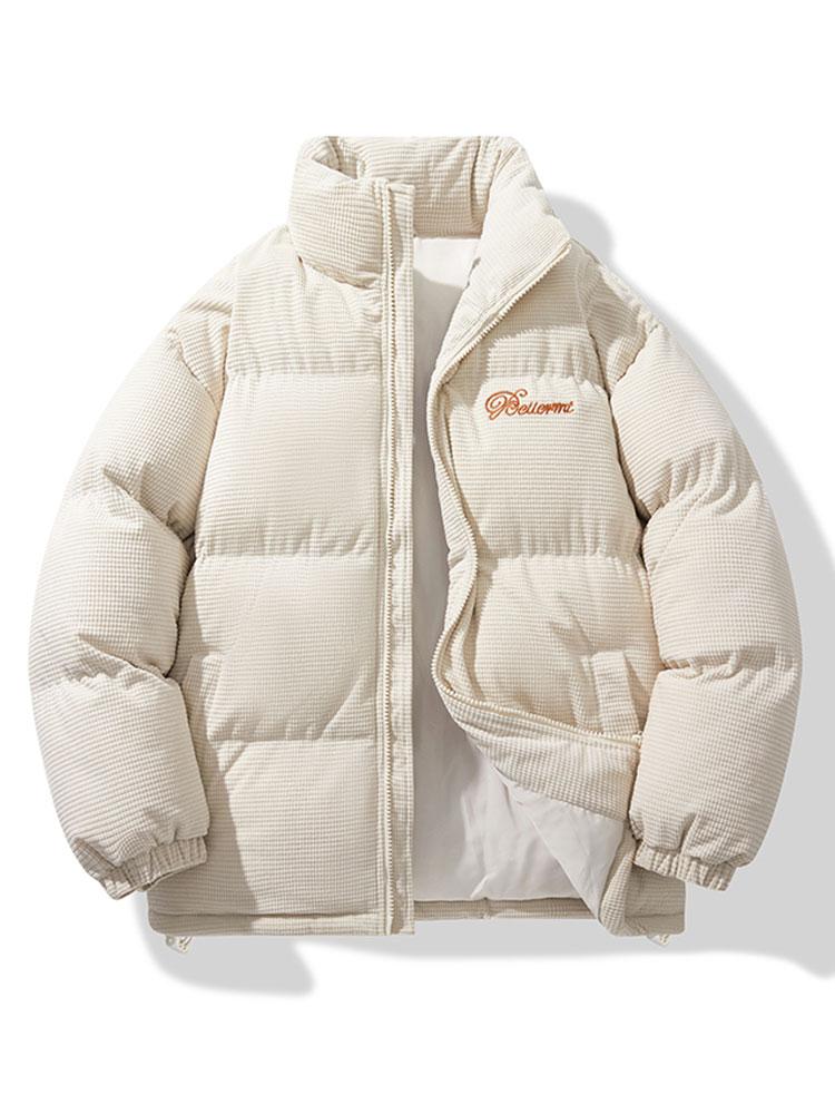 Heren Corduroy Puffer Jacket in beige, Winterjas met Staande Kraag