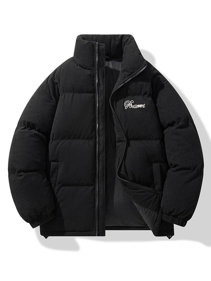 Heren Corduroy Puffer Jacket in zwart, Winterjas met Staande Kraag