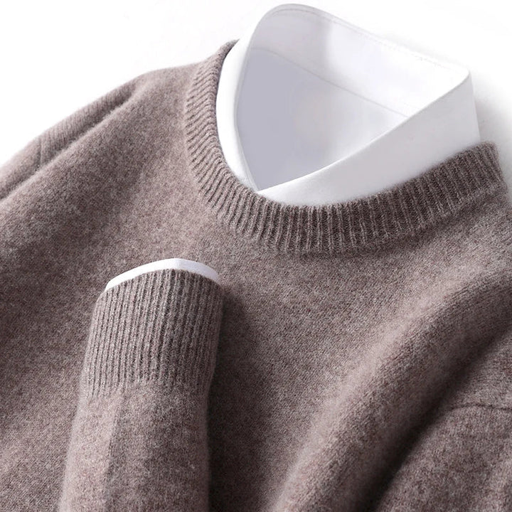 Heren Crew-Neck Gebreide Trui in donkerbruin, Klassieke Basis