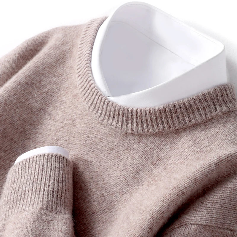 Heren Crew-Neck Gebreide Trui in lichtbruin, Klassieke Basis