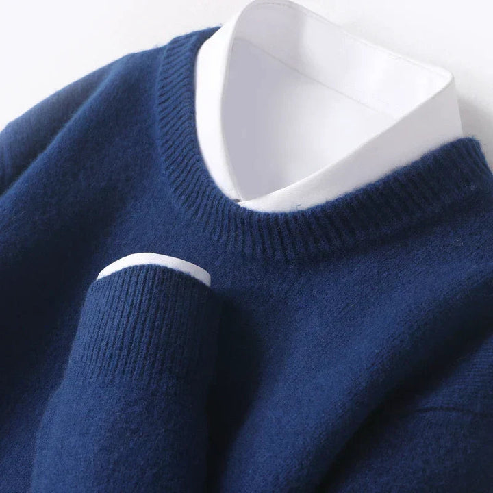 Heren Crew-Neck Gebreide Trui in middernachtblauw, Klassieke Basis