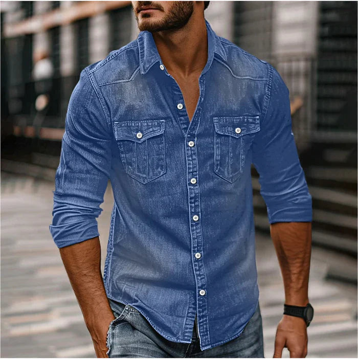 Heren Denim Overhemd Slim Fit - Klassiek Western Design - Blauw