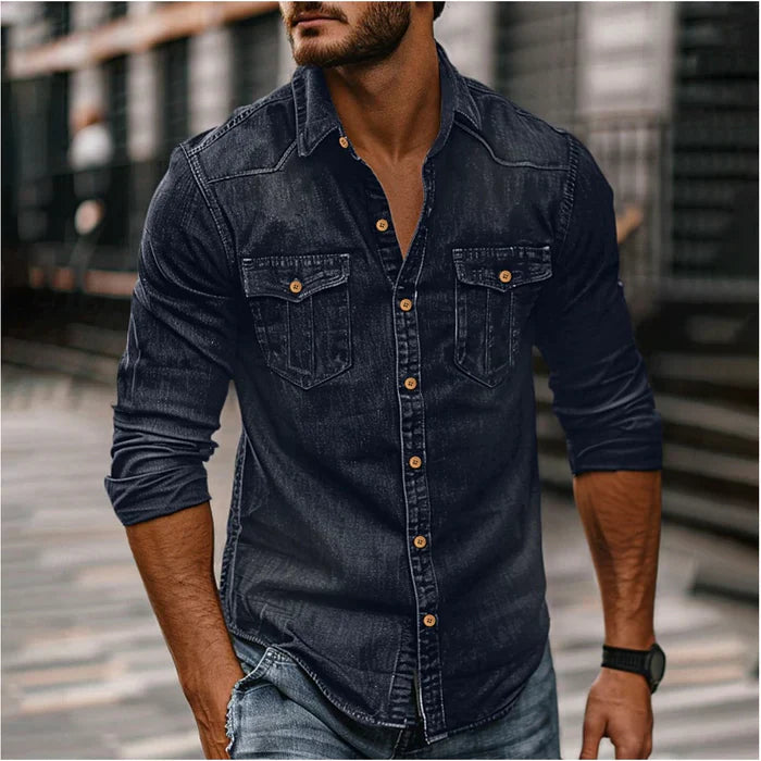 Heren Denim Overhemd Slim Fit - Klassiek Western Design - Donkerblauw
