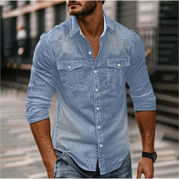 Heren Denim Overhemd Slim Fit - Klassiek Western Design - Lichtblauw