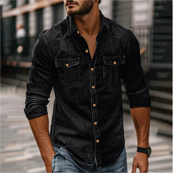 Heren Denim Overhemd Slim Fit - Klassiek Western Design - Zwart