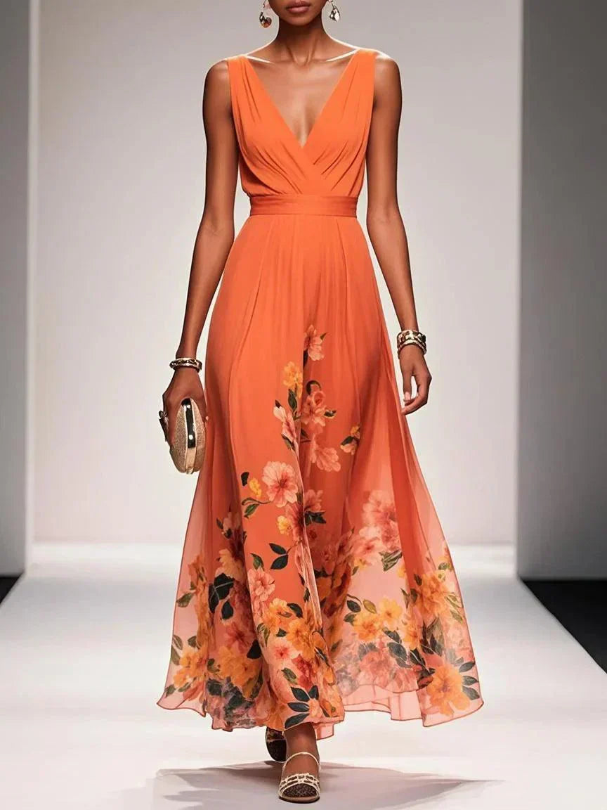 Heren Formele Jurk Bloemenprint V-hals - Elegant Fluïde Stijl - Oranje