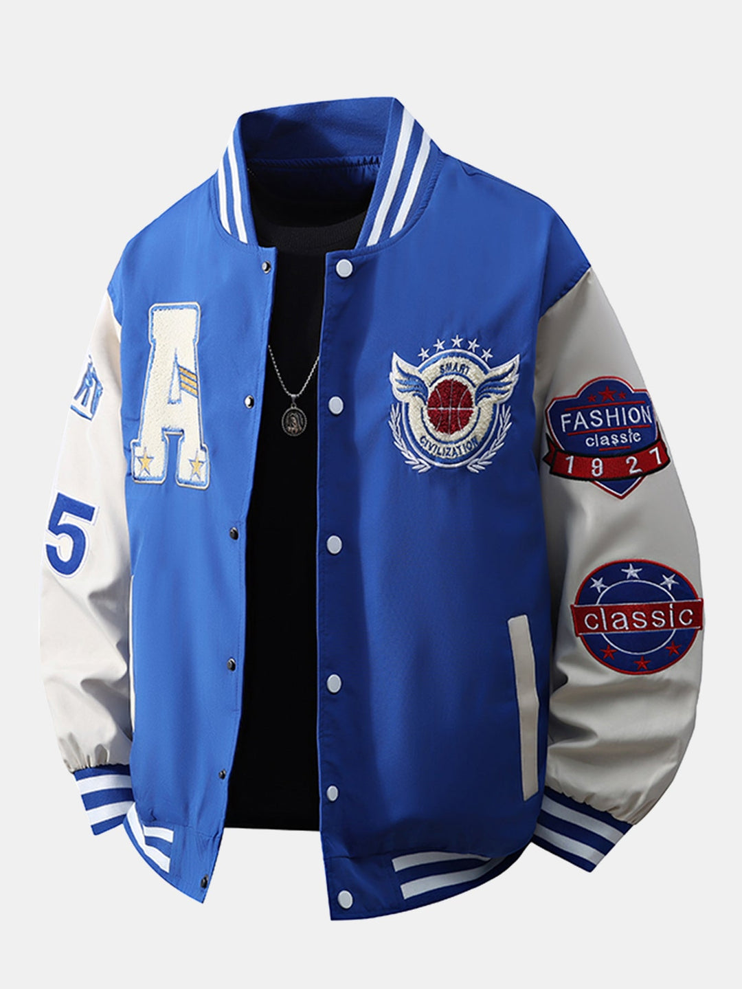 Heren Geborduurd Varsity Bomber Jasje in blauw, Relaxed Fit Streetwear