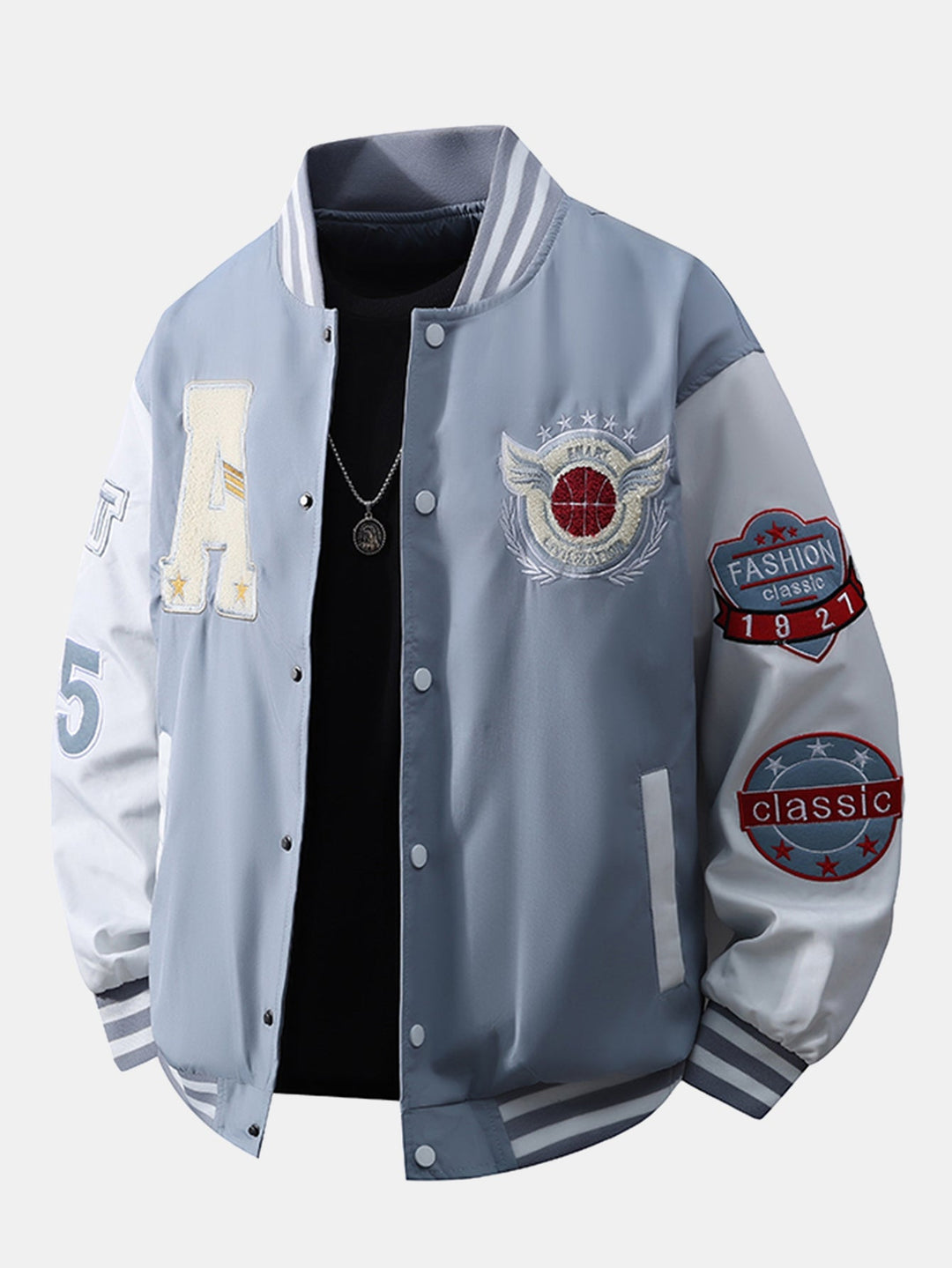 Heren Geborduurd Varsity Bomber Jasje in lichtblauw, Relaxed Fit Streetwear