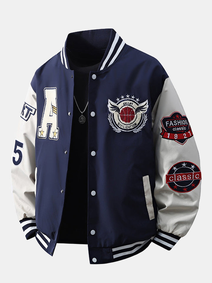 Heren Geborduurd Varsity Bomber Jasje in marineblauw, Relaxed Fit Streetwear