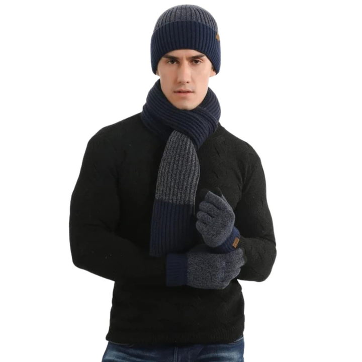 Heren Gebreide Muts Sjaal Handschoenen Set - Winterwarmte - Blauw