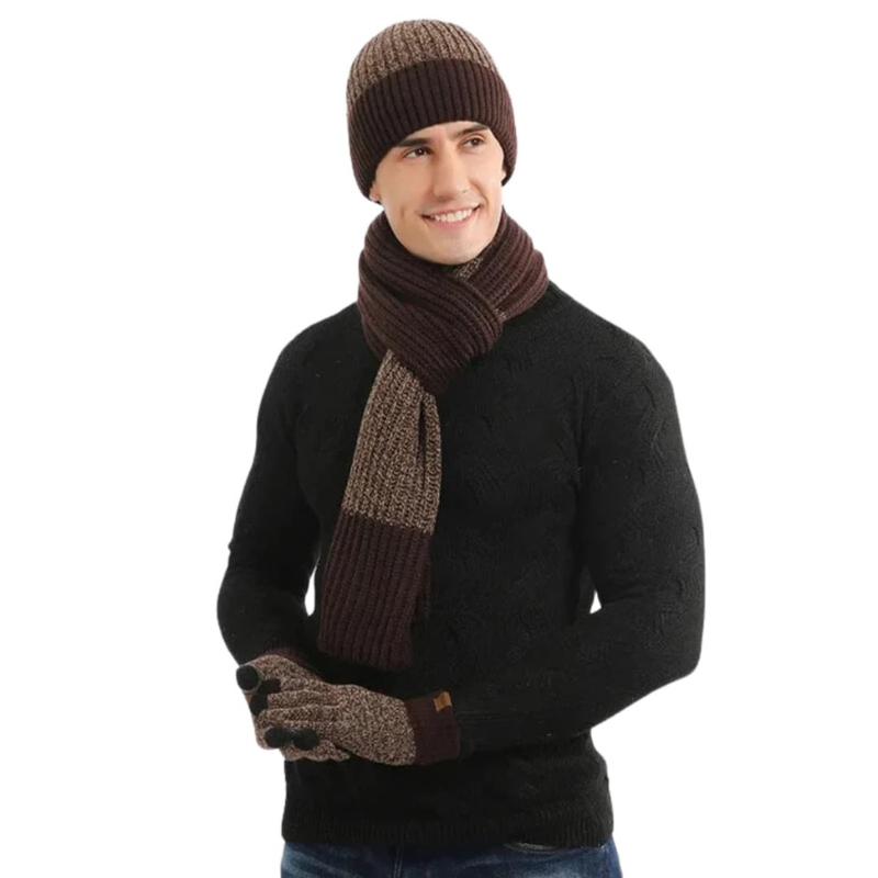 Heren Gebreide Muts Sjaal Handschoenen Set - Winterwarmte - Bruin